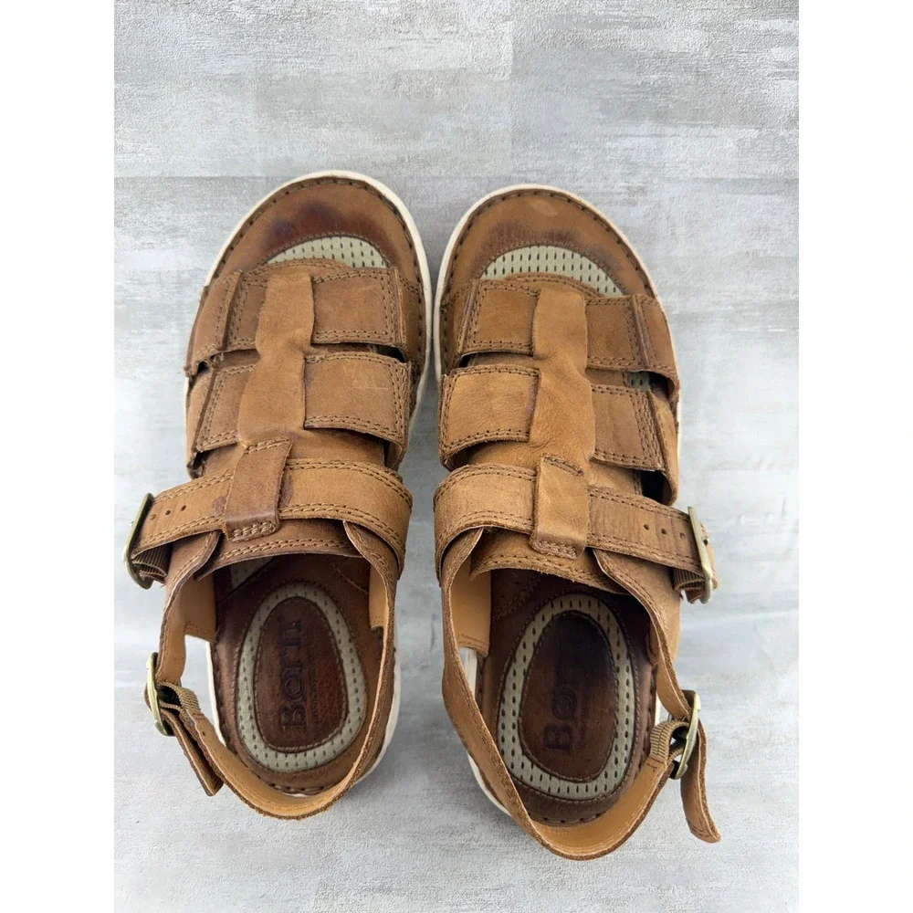 Born Khela Men Sz 10M Tan Leather Fisherman Sandals Strappy Buckle Shoes
